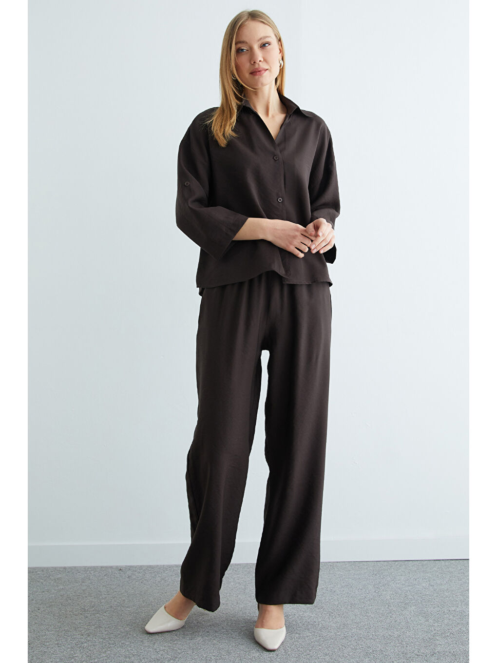 Kahverengi Düğmeli Beli Lastikli Kapri Kol 2 Li Takım-3