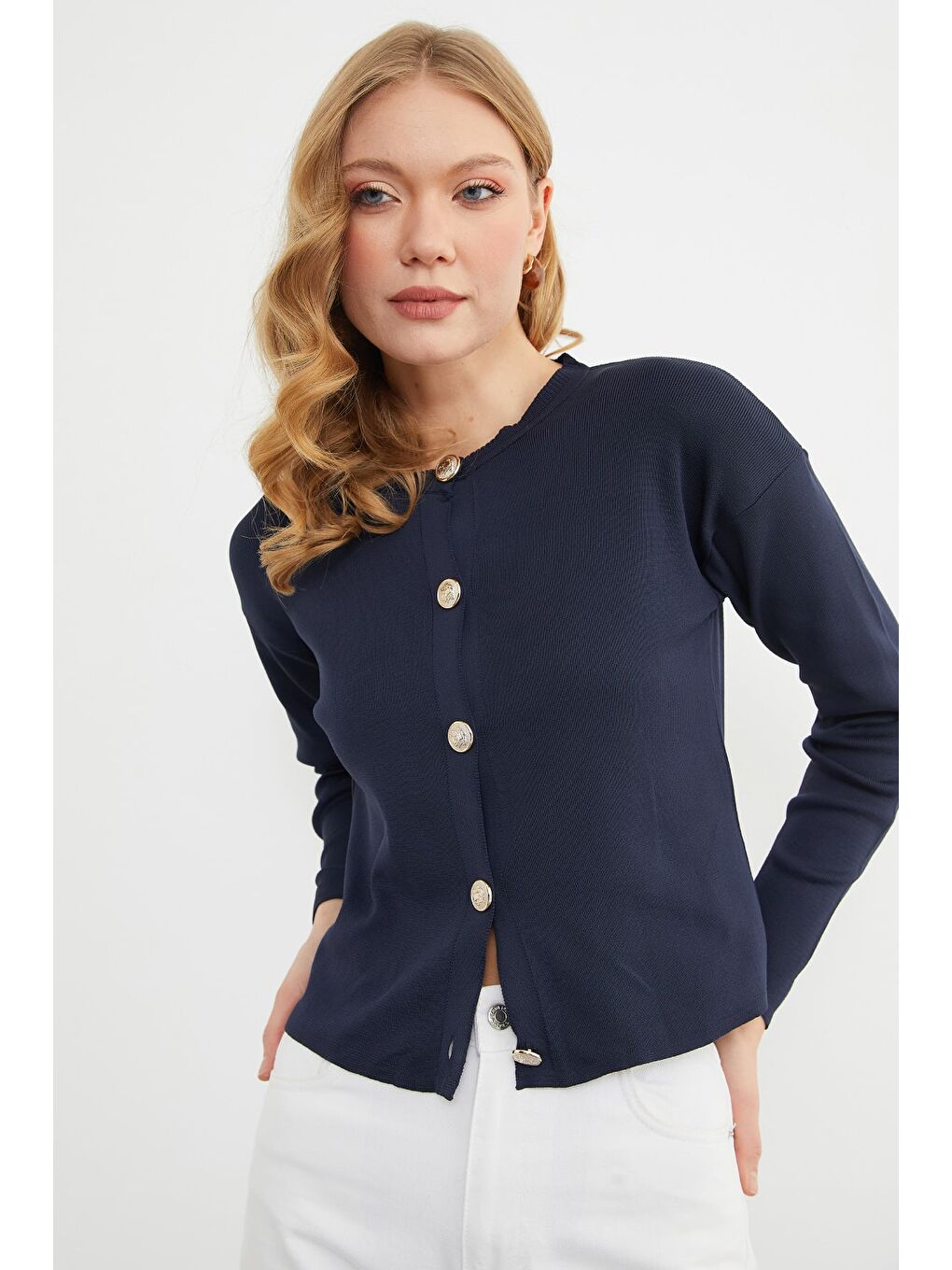 Lacivert Basic Düğmeli Bisiklet Yaka Triko Hırka-4