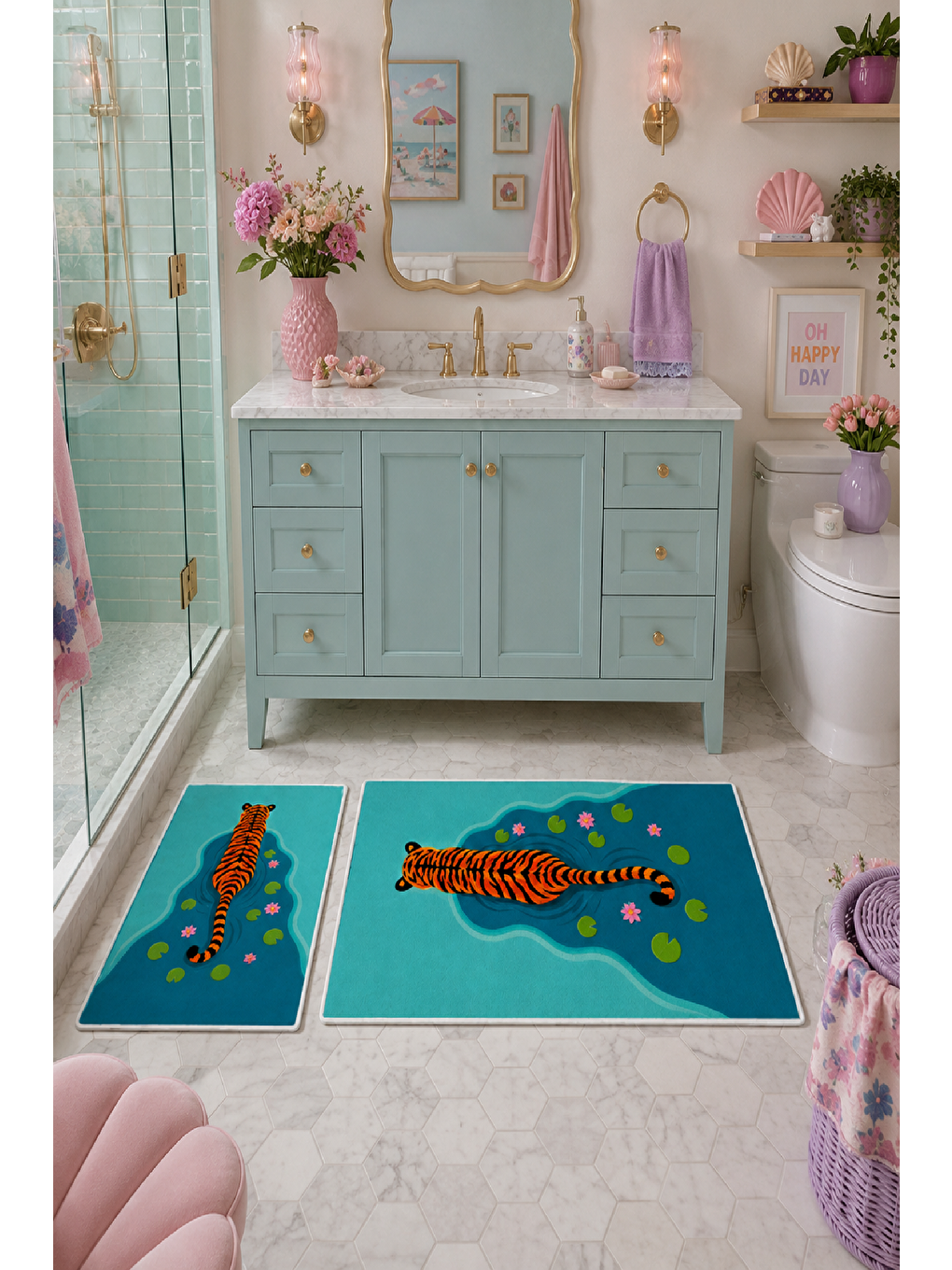 Turkuaz Kaplan Desenli Kaymaz Taban Banyo Paspası 2’li Set-1