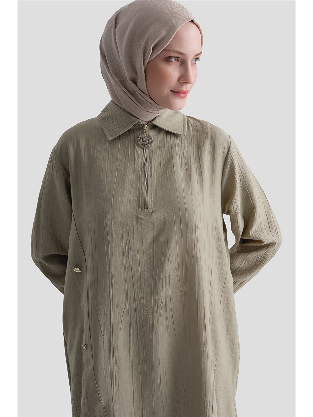 Düğme Detaylı Dokulu Tunik Haki-3