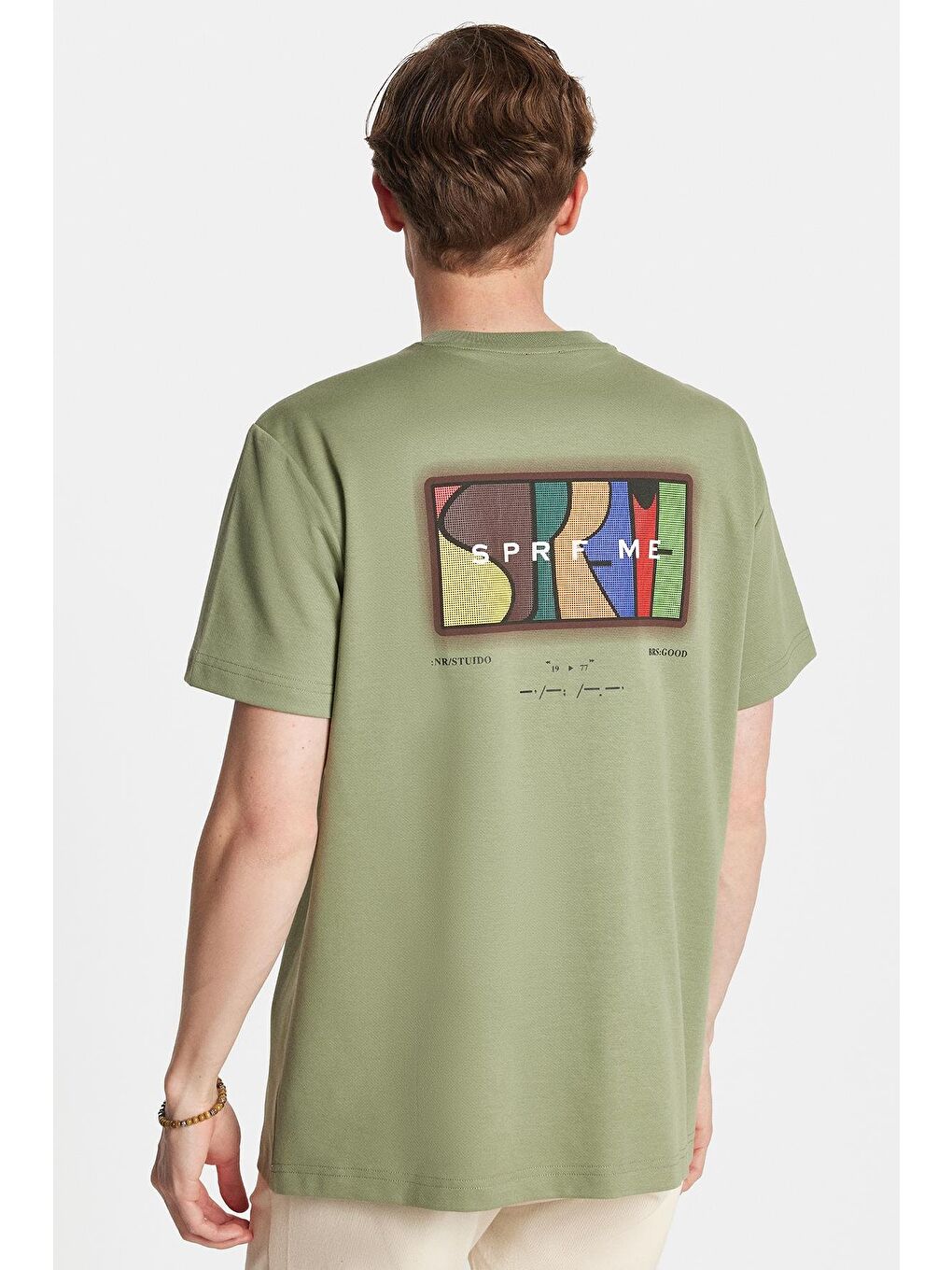 Relax Fit Rahat Kesim Pamuklu Ön Ve Arka Baskı Ve Nakış Detaylı Bisiklet Yaka Haki Tişört-4