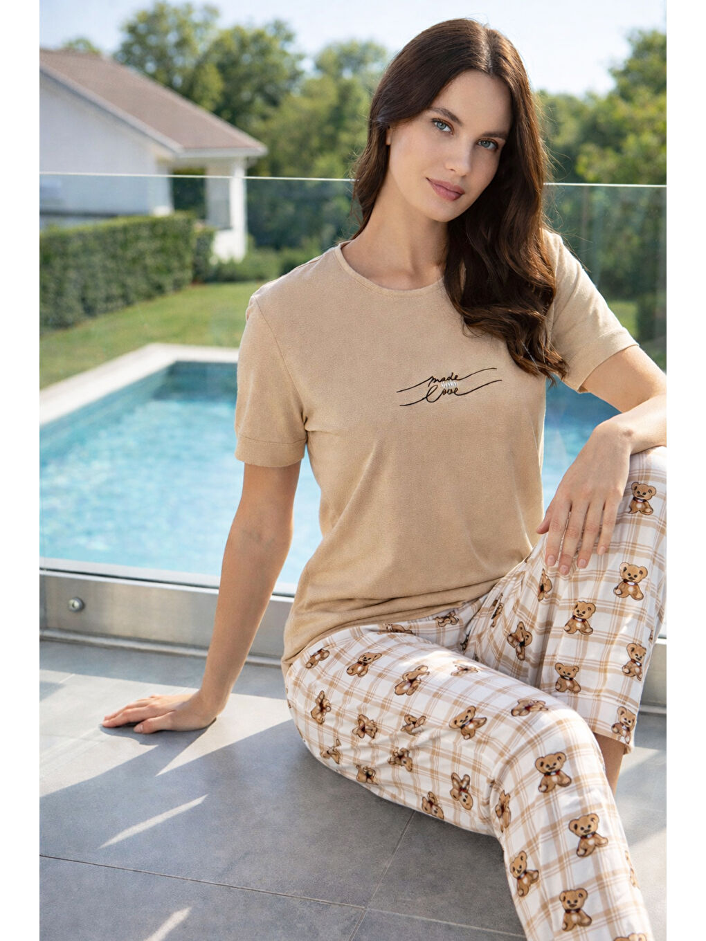 Kadın Desenli Kısa Kol Elastanlı Viskon Pijama Takımı 0263 Beyaz-1