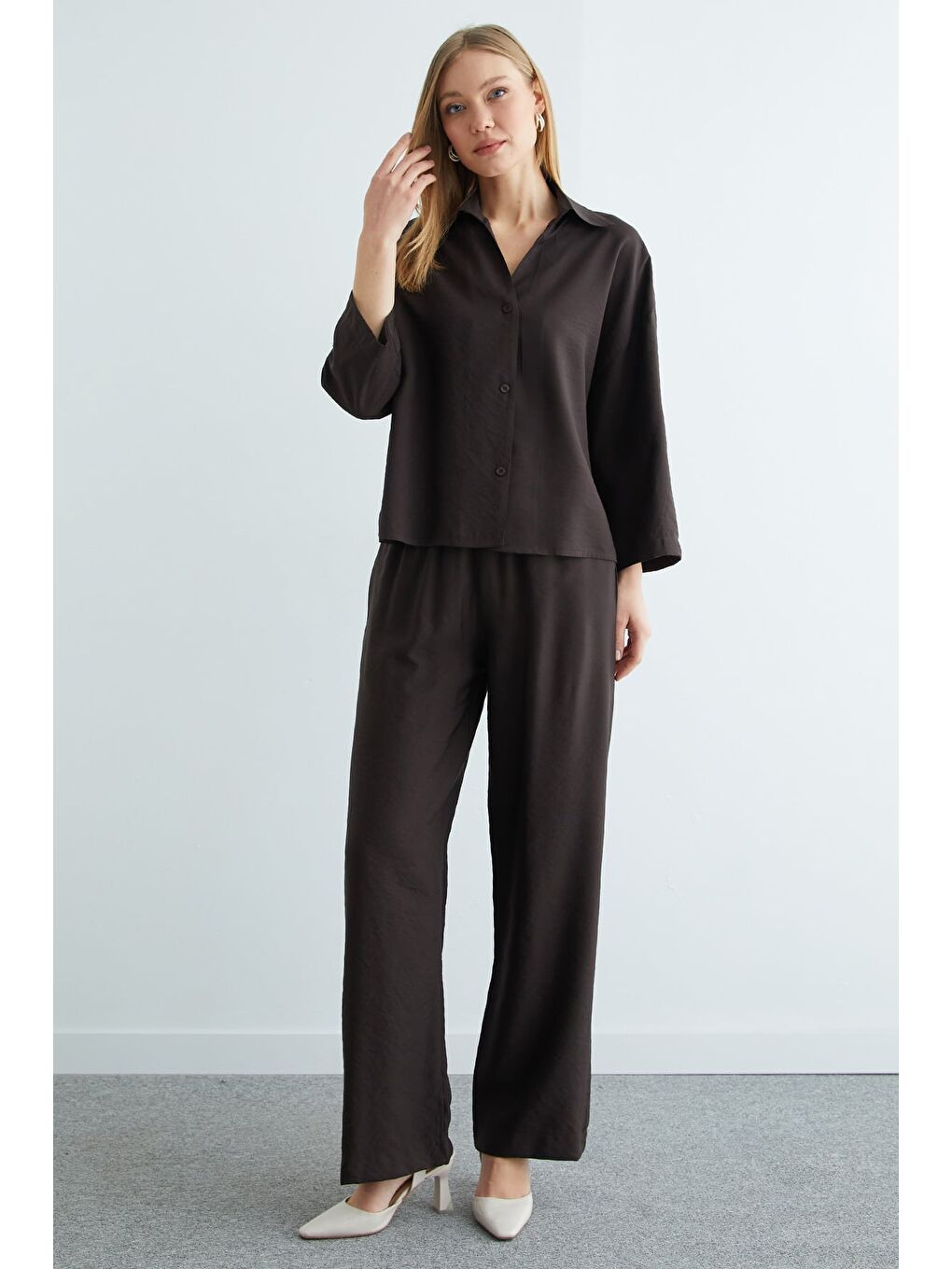 Kahverengi Düğmeli Beli Lastikli Kapri Kol 2 Li Takım-4