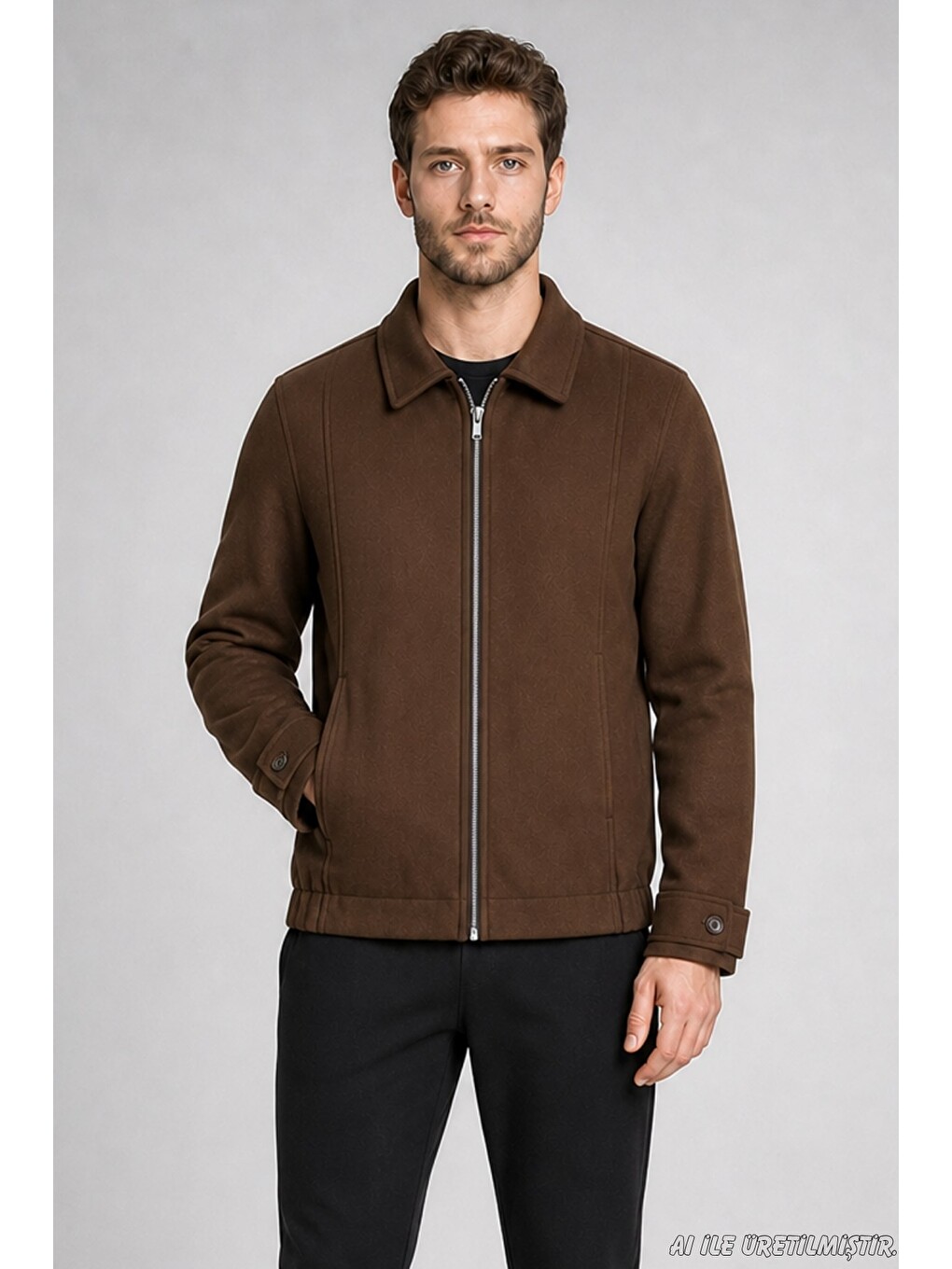 Kahverengi Erkek Oversize Fermuarlı İçi Kapitoneli Kaşe Ceket-3
