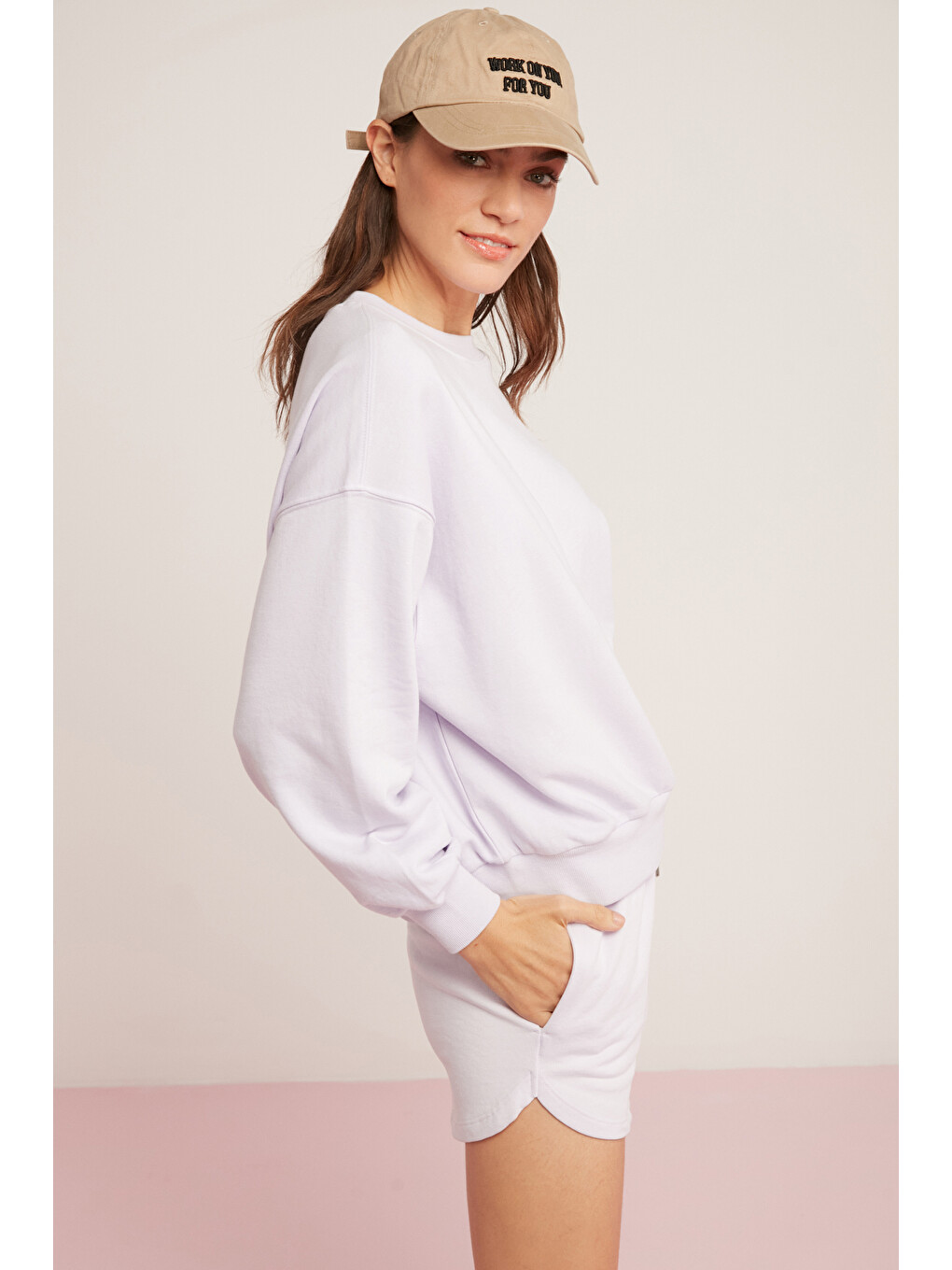 Sahra Kadın Pamuklu Içi Polarlı Yumuşacık Oversize Yuvarlak Yaka Basıc Lila Sweatshirt-5