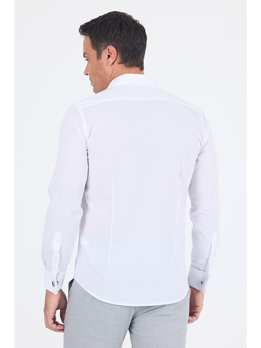 Beyaz Uzun Kol Düz Sert Yaka Cepsiz Pamuklu Basic Slim Fit Gömlek 1004250059_600-4