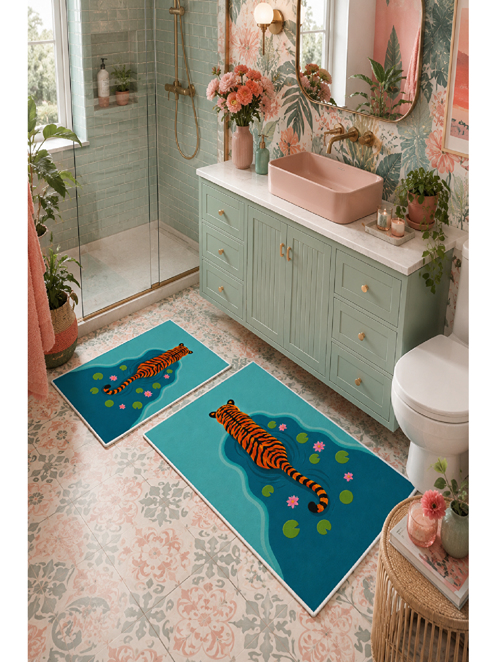 Turkuaz Kaplan Desenli Kaymaz Taban Banyo Paspası 2’li Set-2