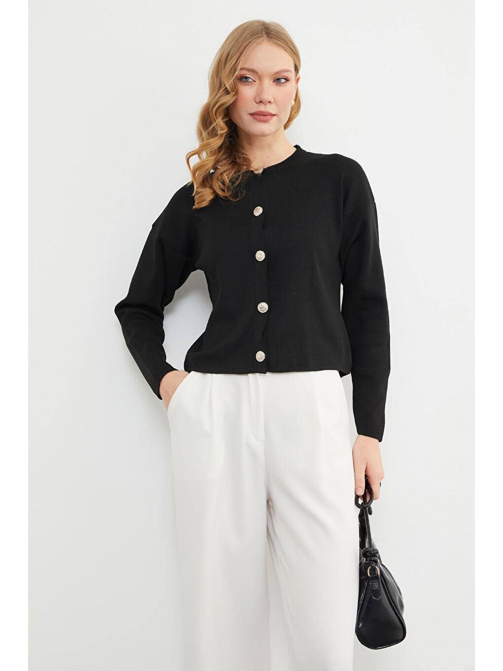 Siyah Basic Düğmeli Bisiklet Yaka Triko Hırka-2