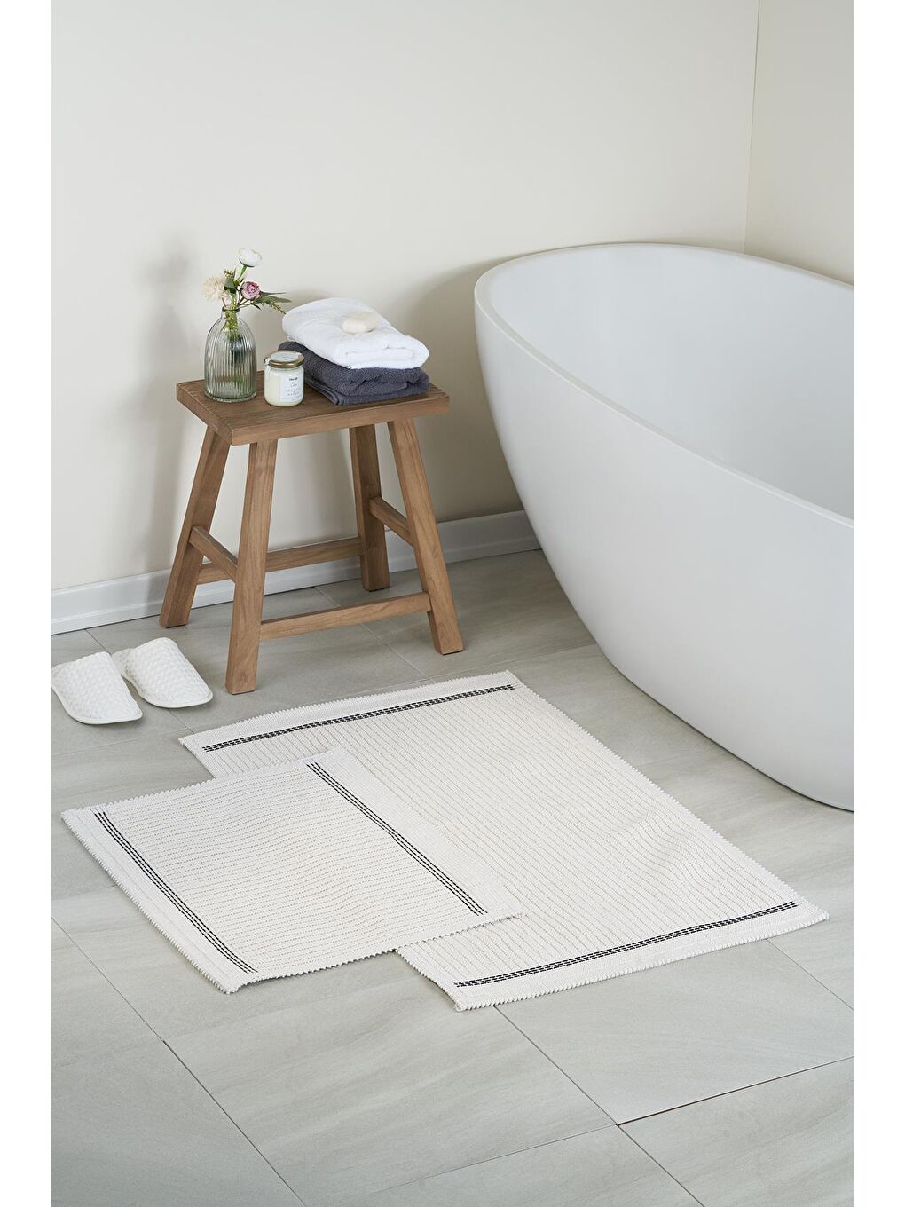 Nice Doğal Pamuklu 2'li Banyo Paspas Seti 60X100+50X60 Cm - Ekru/Siyah