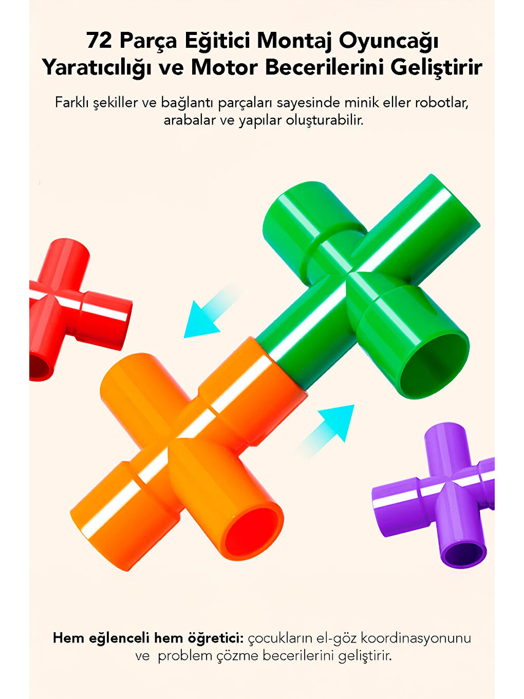 72 Parça Oyun Yapı Blokları - Renkli Tekerlekli Boru Blokları Eğitici Öğretici Oyuncak-1