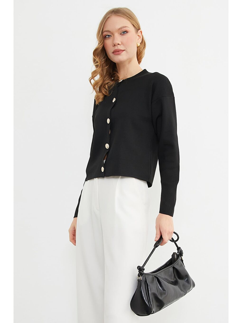 Siyah Basic Düğmeli Bisiklet Yaka Triko Hırka-3