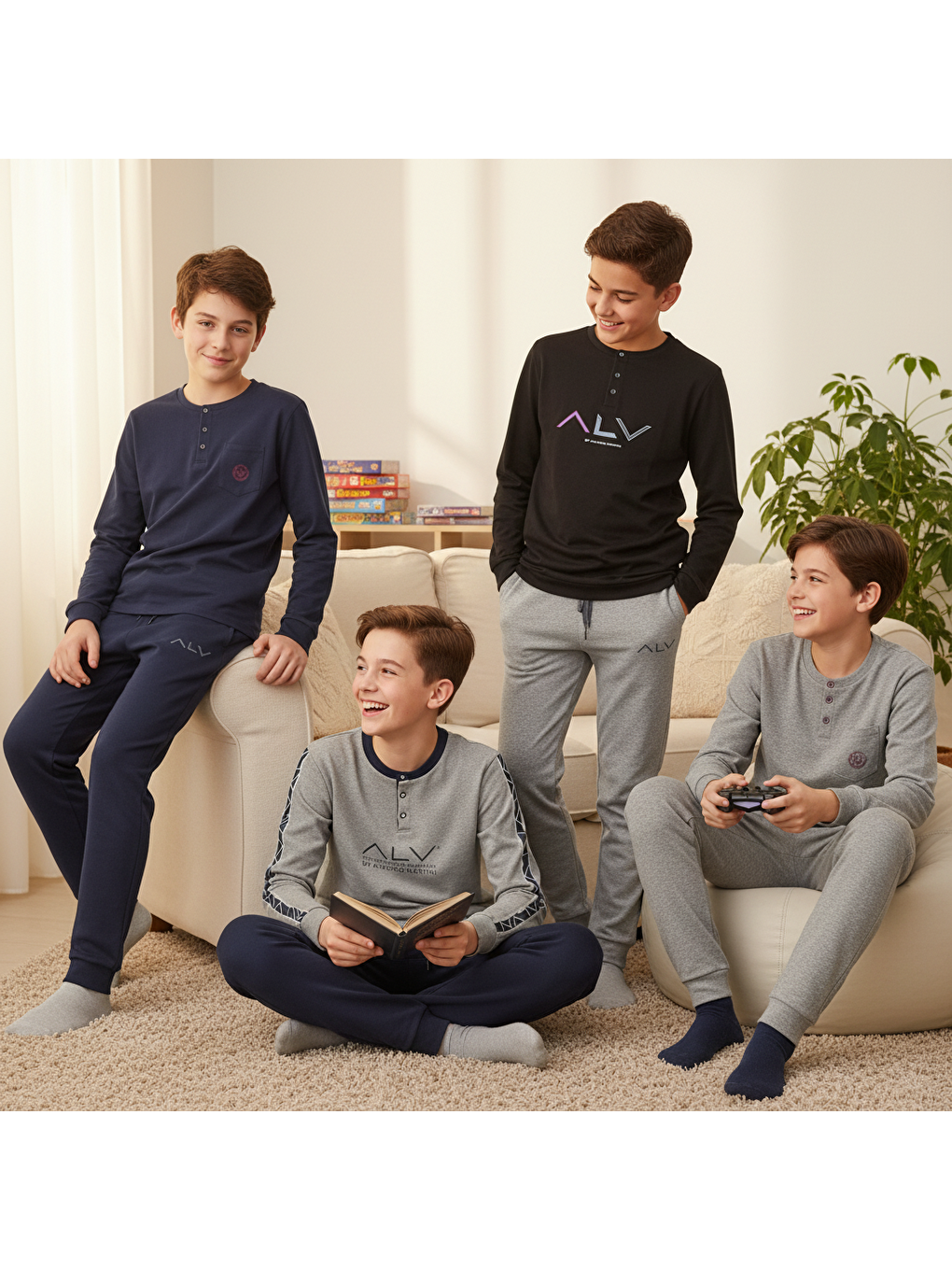 Karışık Genç Erkek Pamuklu 4 Adet 2'Li Pijama Takımı Bb2491-2