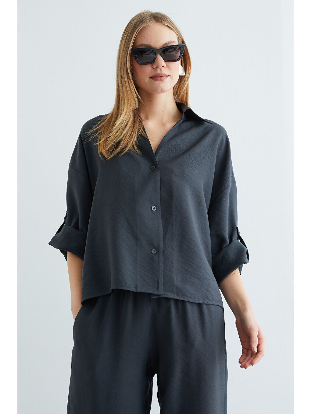 Antrasit Düğmeli Beli Lastikli Kapri Kol 2 Li Takım-1