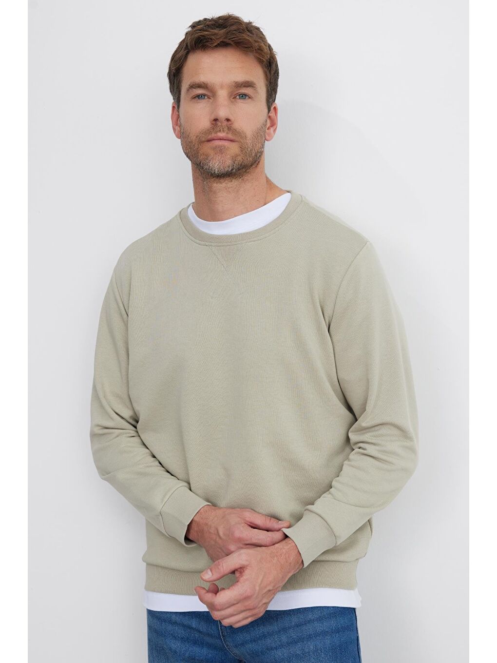 Bej Unisex Relax Fit Rahat Kesim %100 Pamuk Basic Taş Bisiklet Yaka Sweatshirt