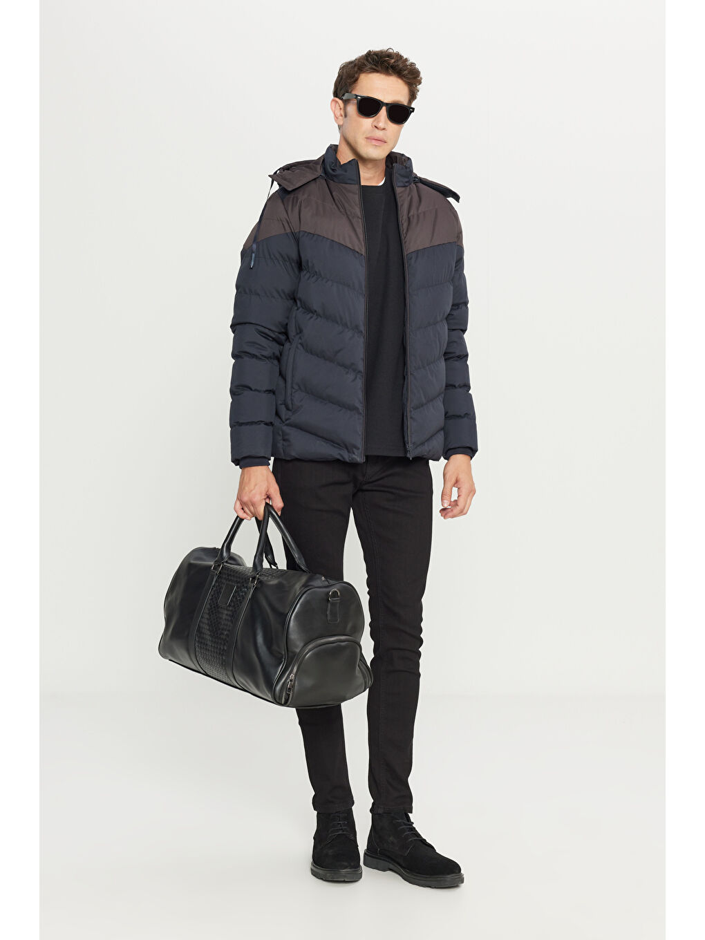 Erkek Lacivert-Kahverengi Standart Fit Normal Kesim Dik Yaka Kapüşonlu Yan Cepli Şişme Mont-1