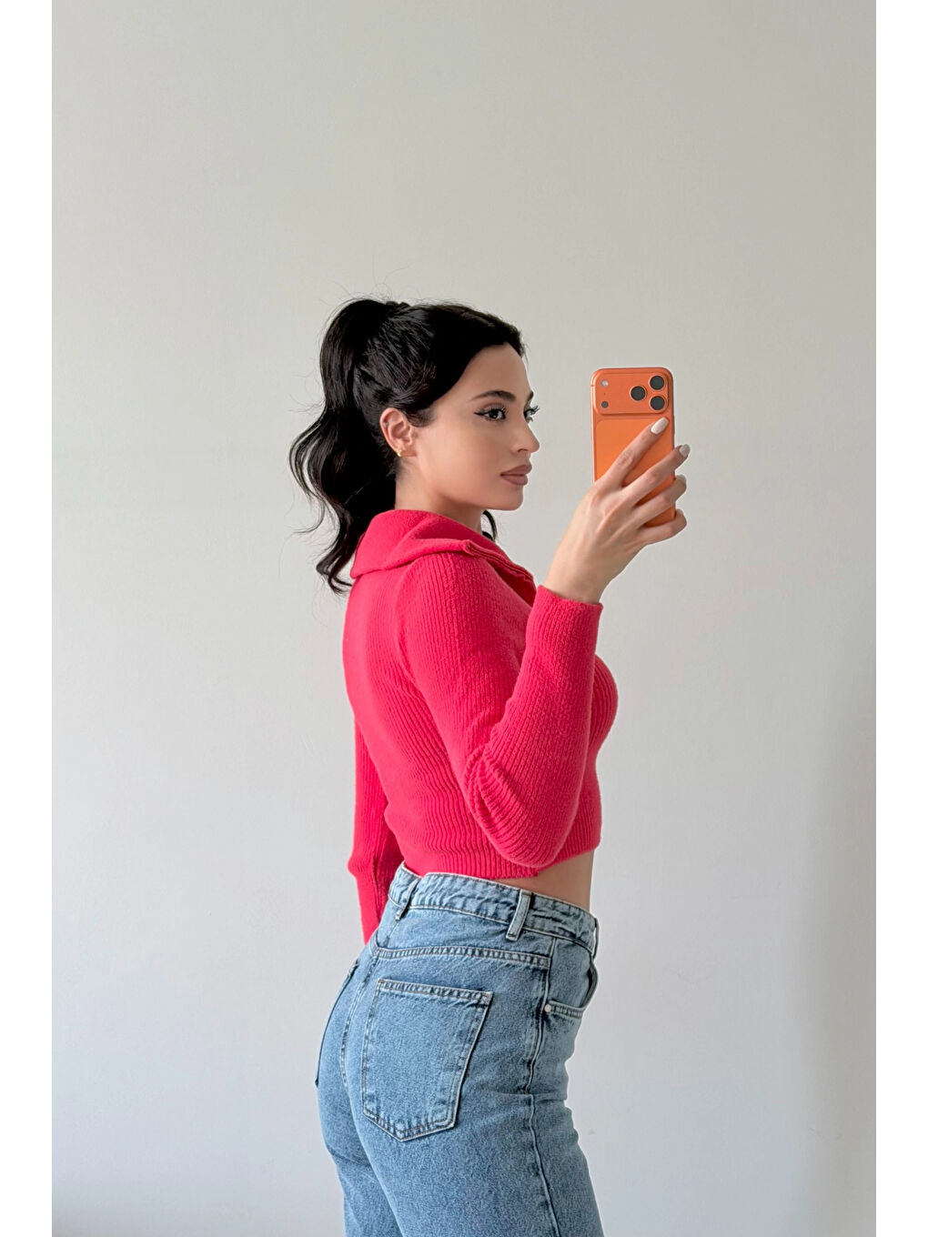 Kadın Fuşya Crop Kazak 1014-2022-3