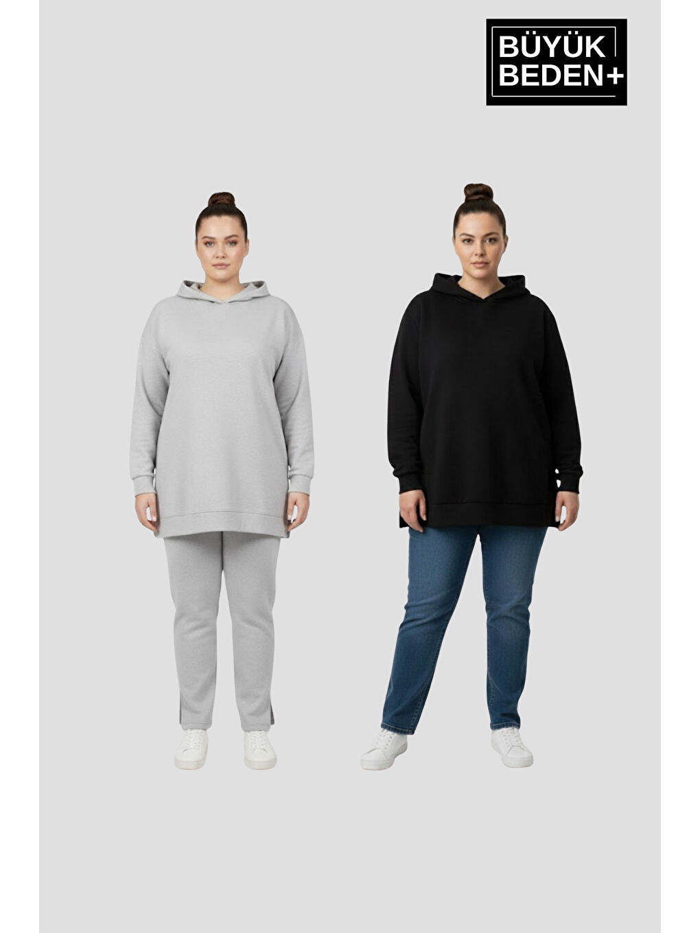 Siyah Kadın Büyük Beden 2 'li Set Kapüşonlu Tunik ince Sweatshırt SPR26BTK991+2