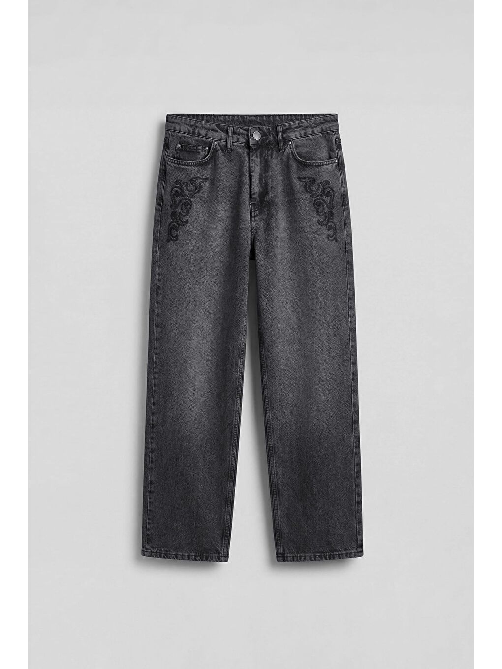 Erkek Baggy Nakış Detaylı Jean Pantolon Koyu Gri