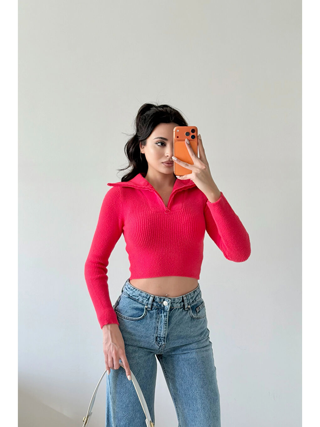 Kadın Fuşya Crop Kazak 1014-2022-4