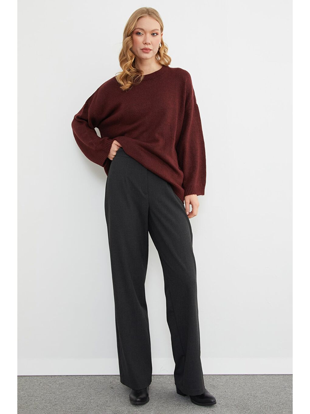 Bordo Basic Bisiklet Yaka Salaş Triko Kazak-1