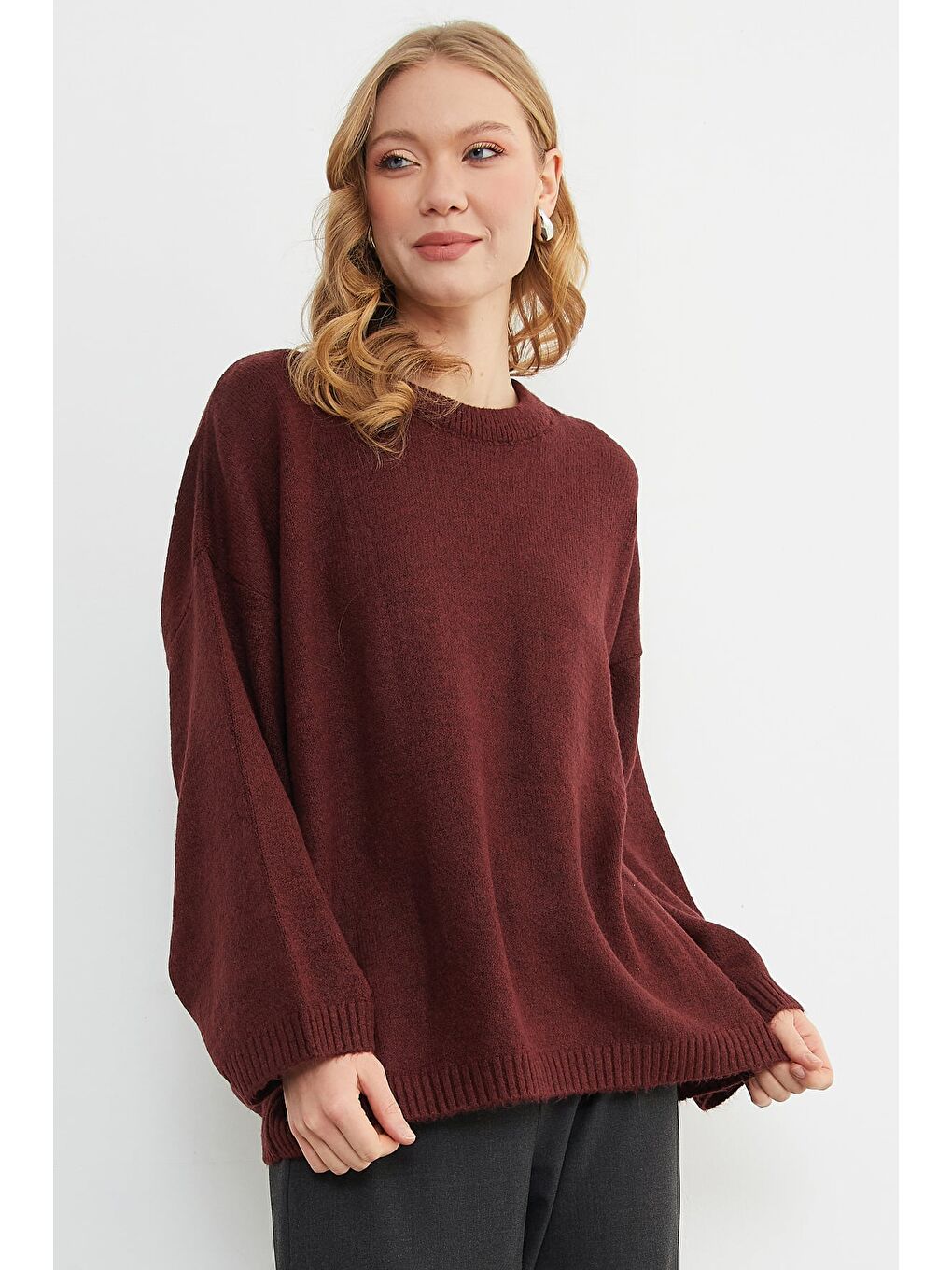 Bordo Basic Bisiklet Yaka Salaş Triko Kazak-2