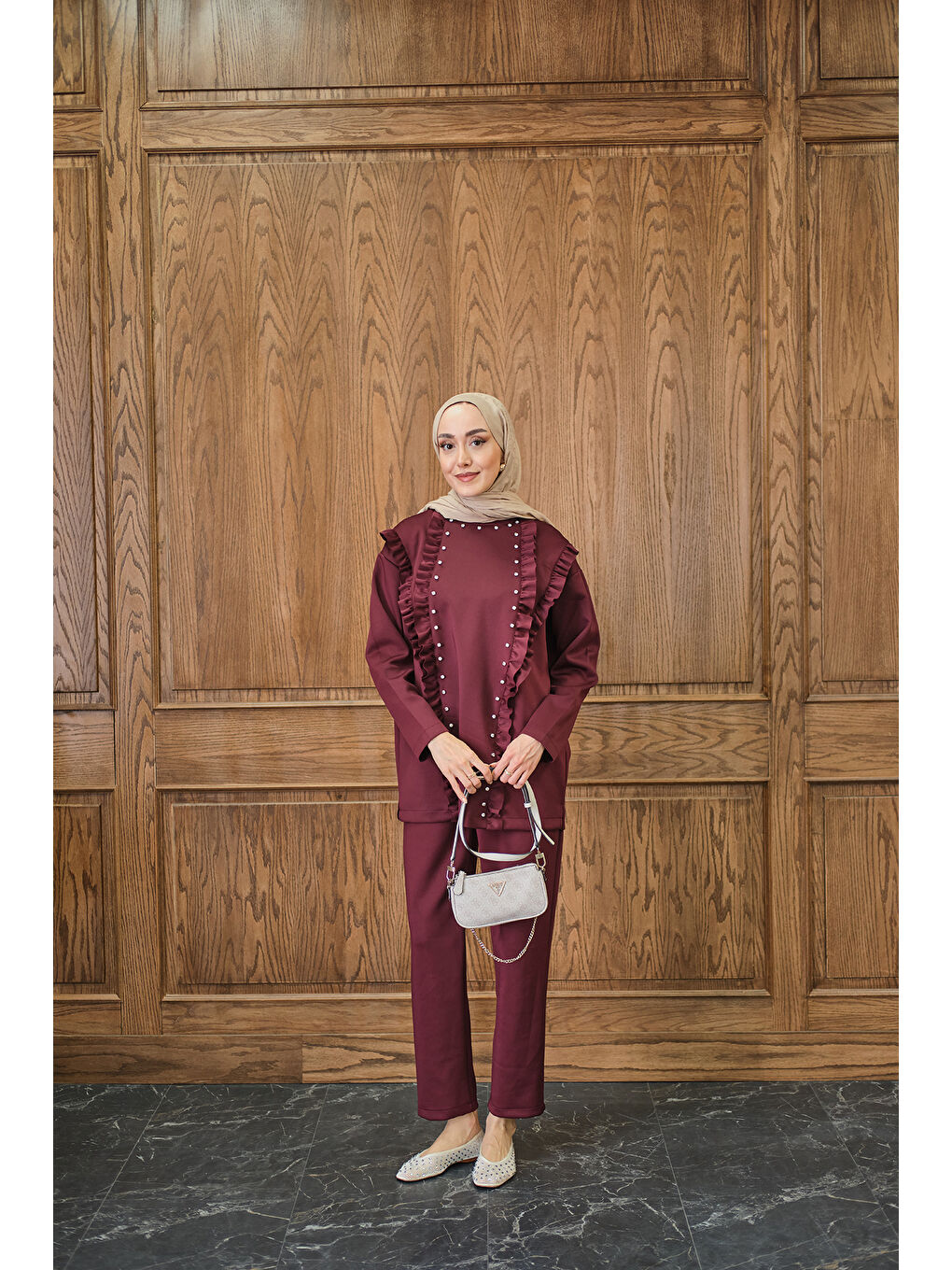 Kadın Taş Aksesuarlı Takım Bordo-1
