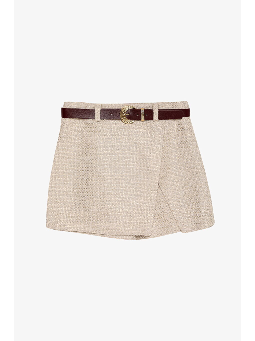 Kemerli Kruvaze Tüvit Şort Etek Bej