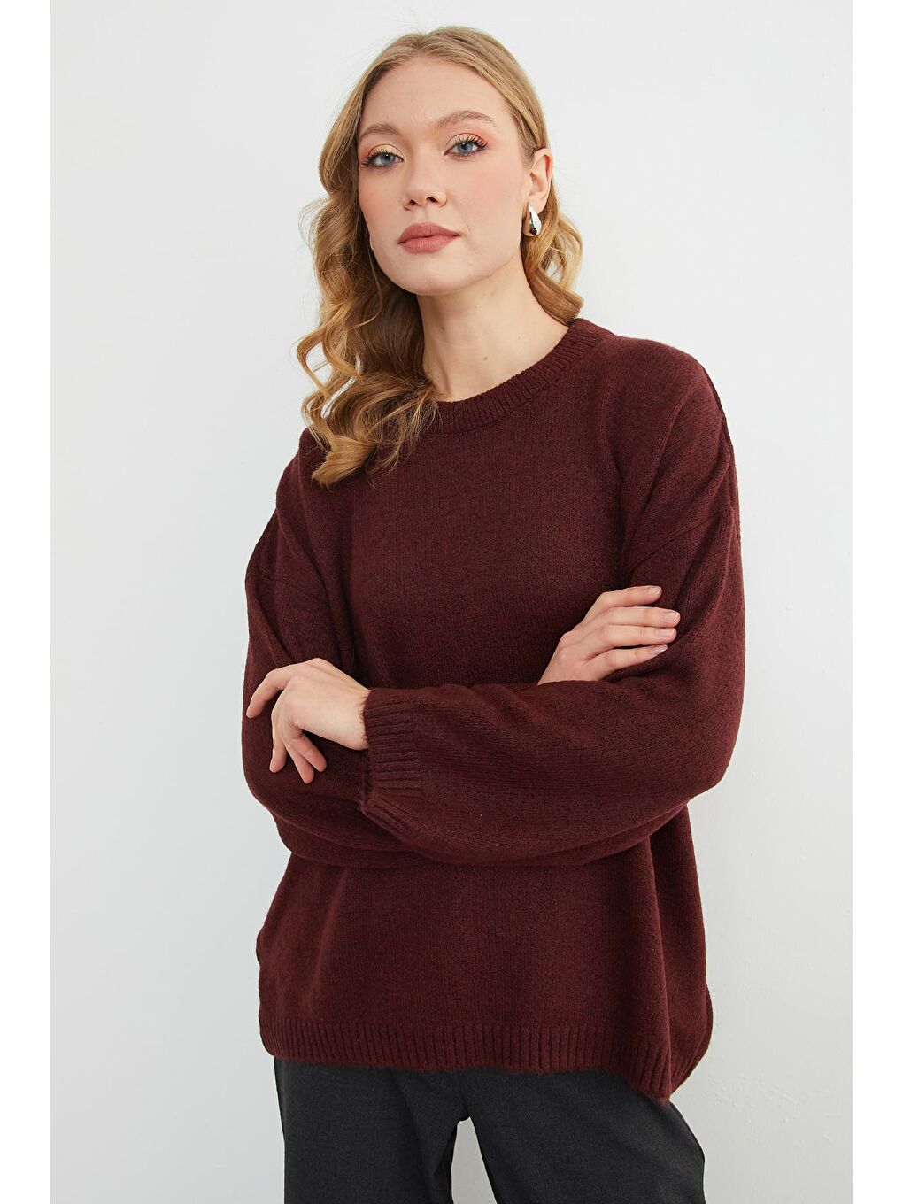 Bordo Basic Bisiklet Yaka Salaş Triko Kazak-4