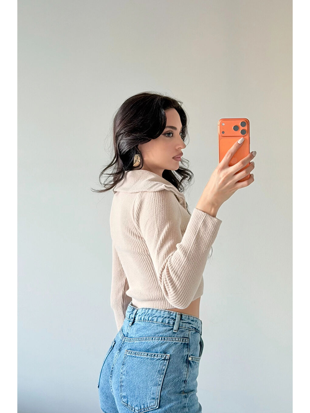 Kadın Bej Crop Kazak 1014-2022-2