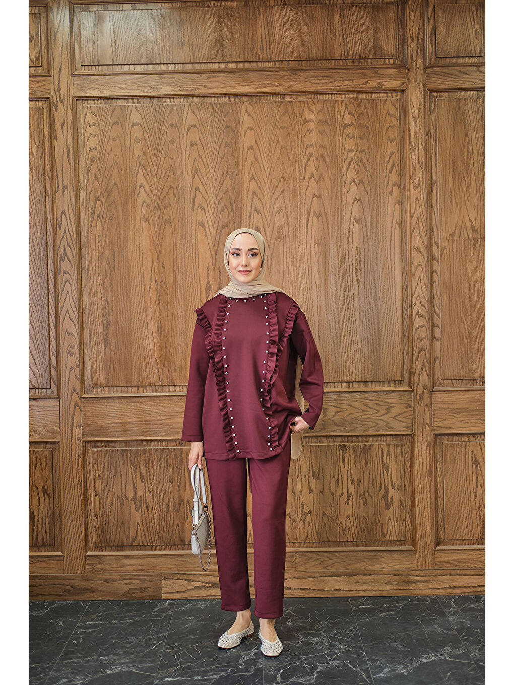 Kadın Taş Aksesuarlı Takım Bordo-2