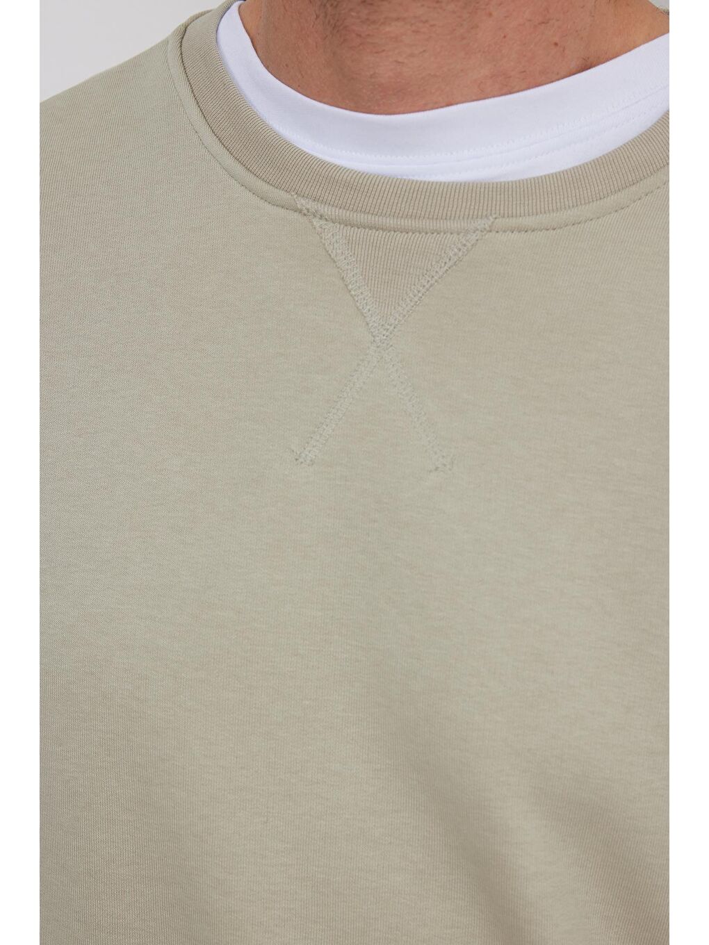 Bej Unisex Relax Fit Rahat Kesim %100 Pamuk Basic Taş Bisiklet Yaka Sweatshirt-2