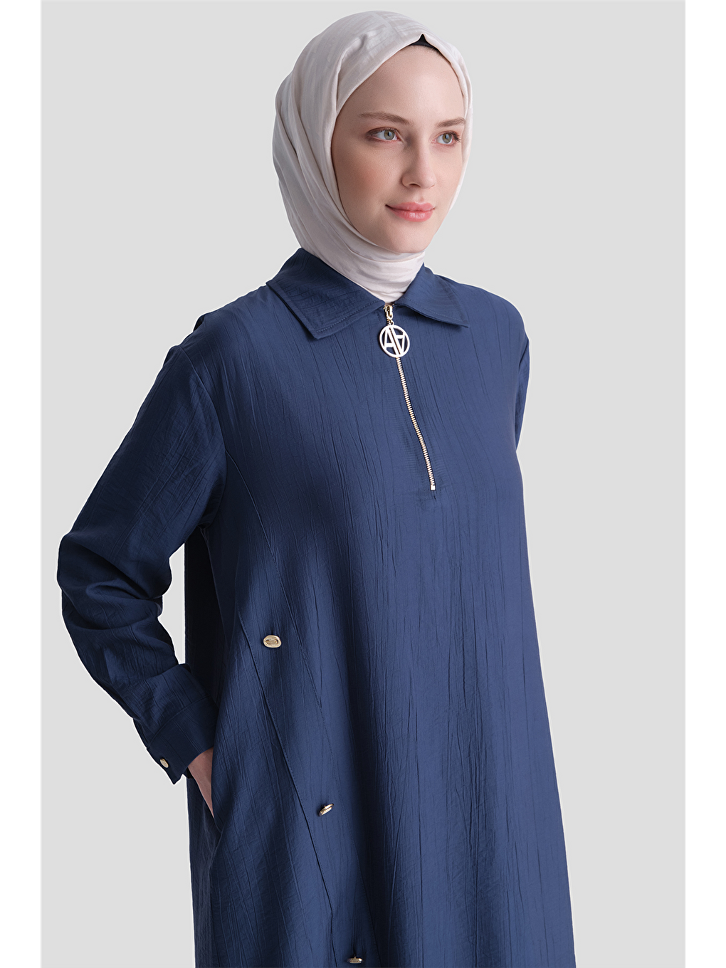 Düğme Detaylı Dokulu Tunik Lacivert-3