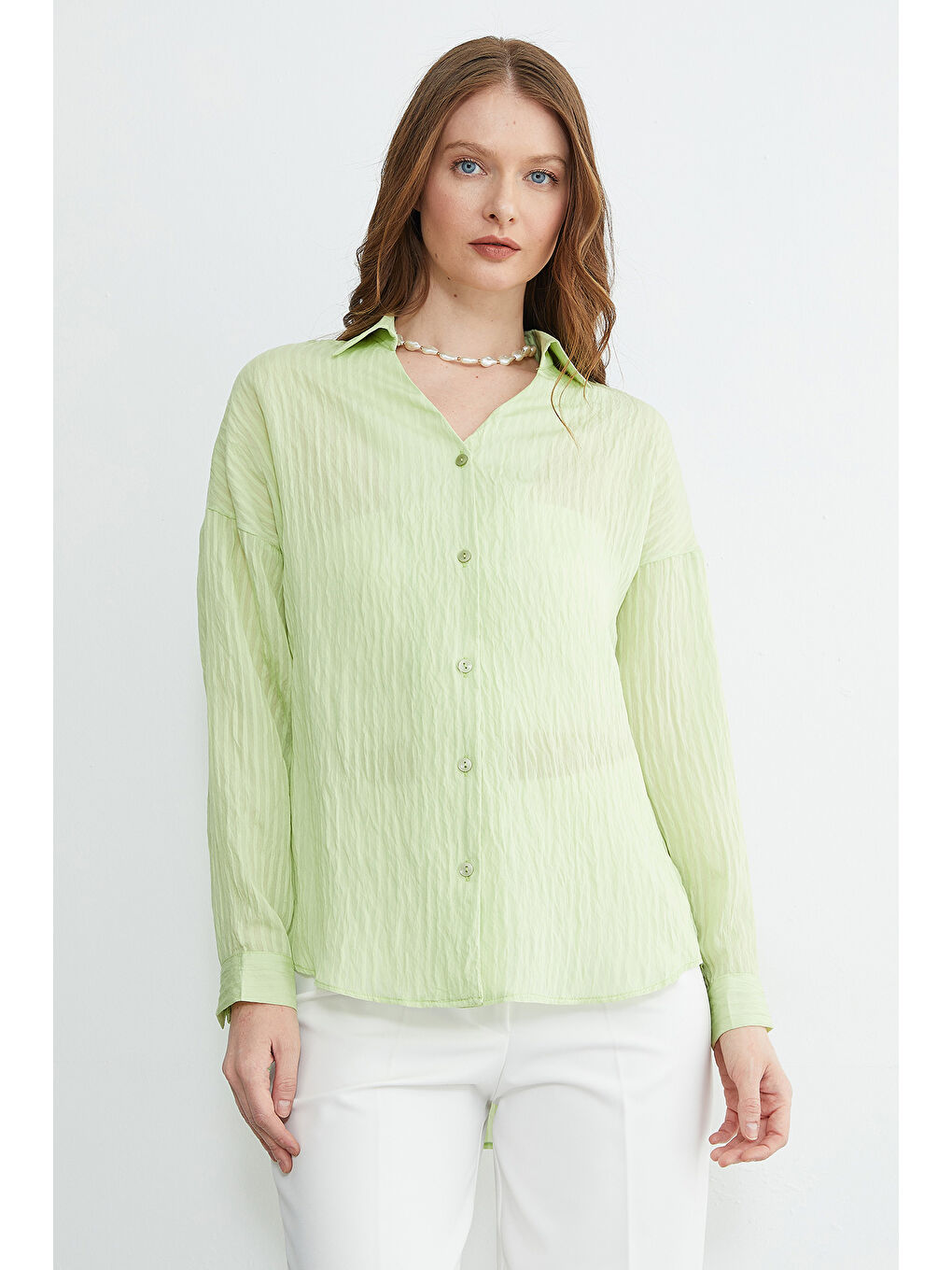 Yeşil Çizgili Jakarlı Salaş Gömlek-1