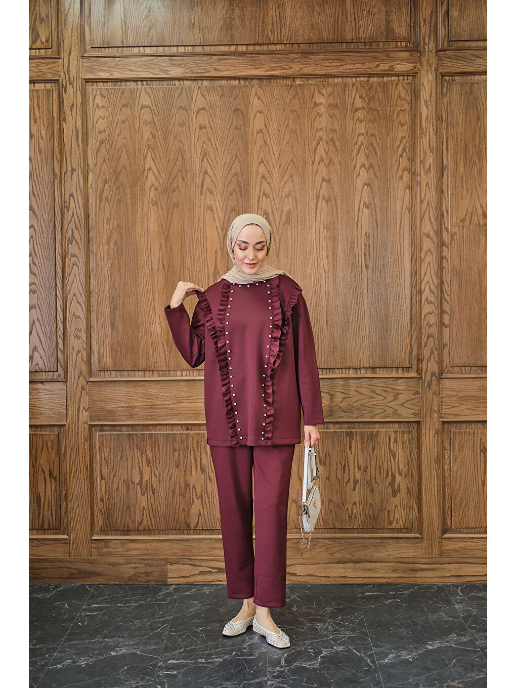 Kadın Taş Aksesuarlı Takım Bordo-3