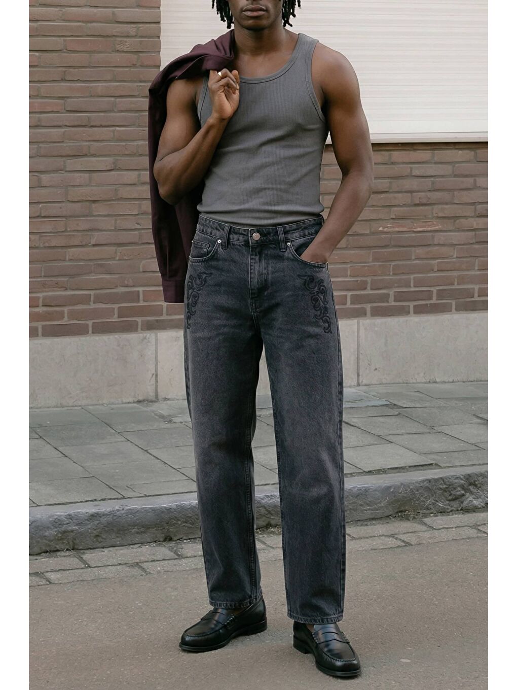 Erkek Baggy Nakış Detaylı Jean Pantolon Koyu Gri-2