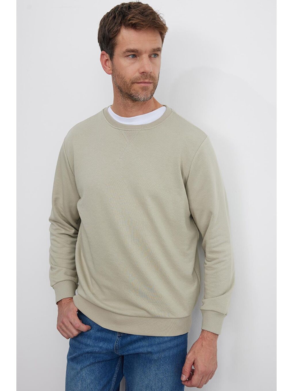 Bej Unisex Relax Fit Rahat Kesim %100 Pamuk Basic Taş Bisiklet Yaka Sweatshirt-3