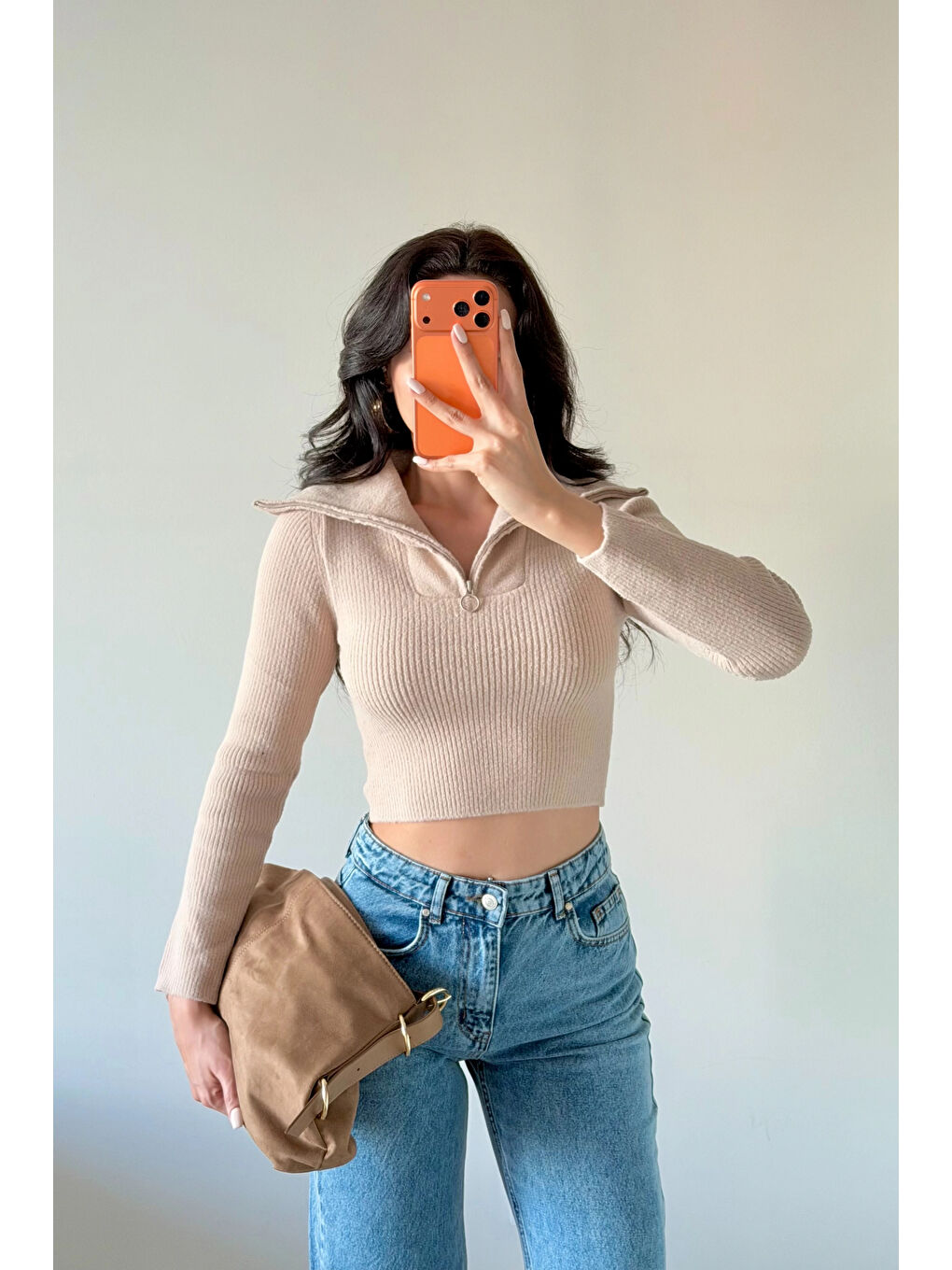 Kadın Bej Crop Kazak 1014-2022-3