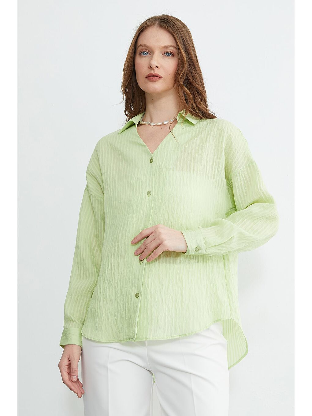 Yeşil Çizgili Jakarlı Salaş Gömlek-2