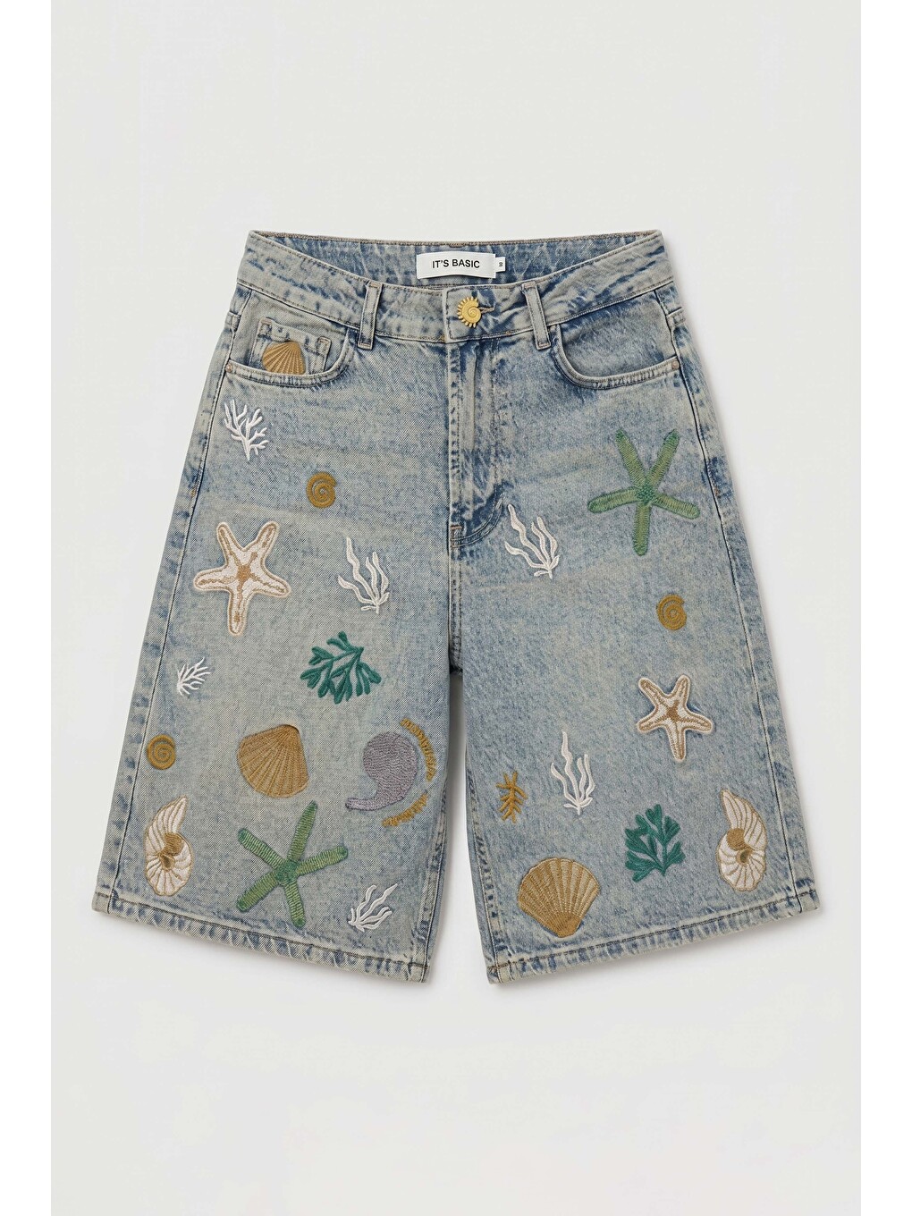 Mavi Kadın Jean Rengi 4s6-65 Nakışlı Özel Tasarım Bermuda Denim Şort-1