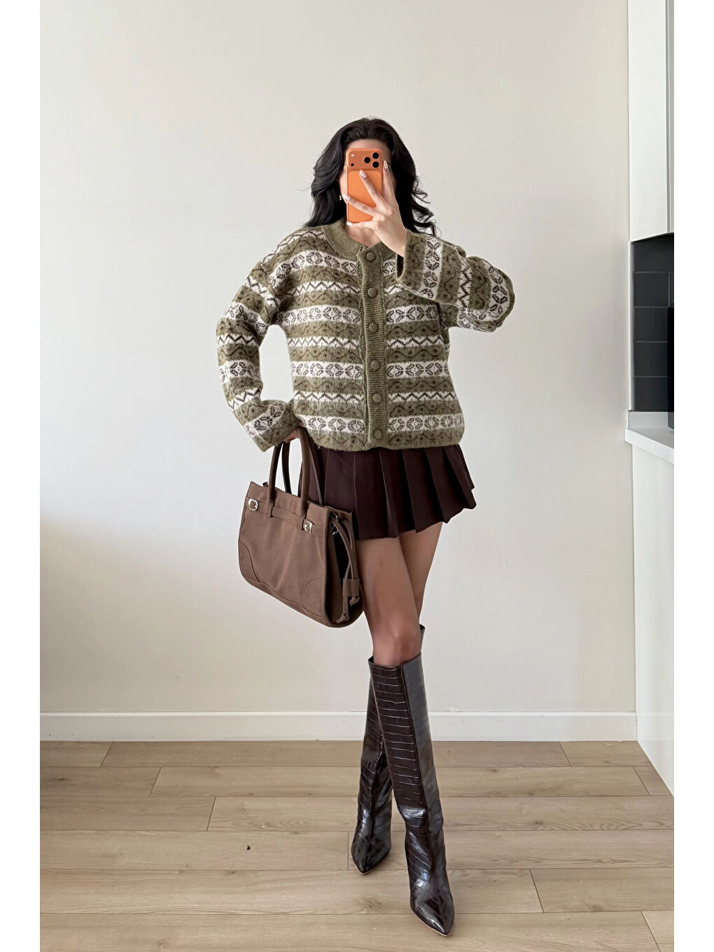 Kadın Haki Etnik Desen Oversize Hırka 1014-2566-4