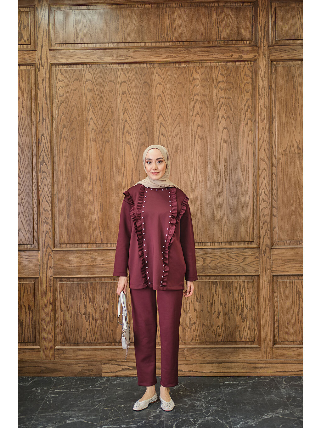 Kadın Taş Aksesuarlı Takım Bordo-4