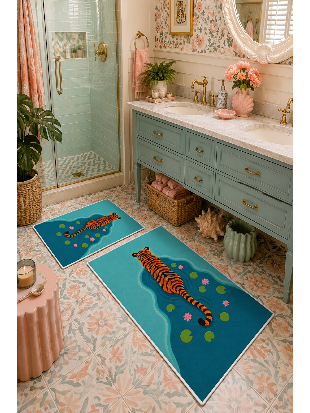 Turkuaz Kaplan Desenli Kaymaz Taban Banyo Paspası 2’li Set-3