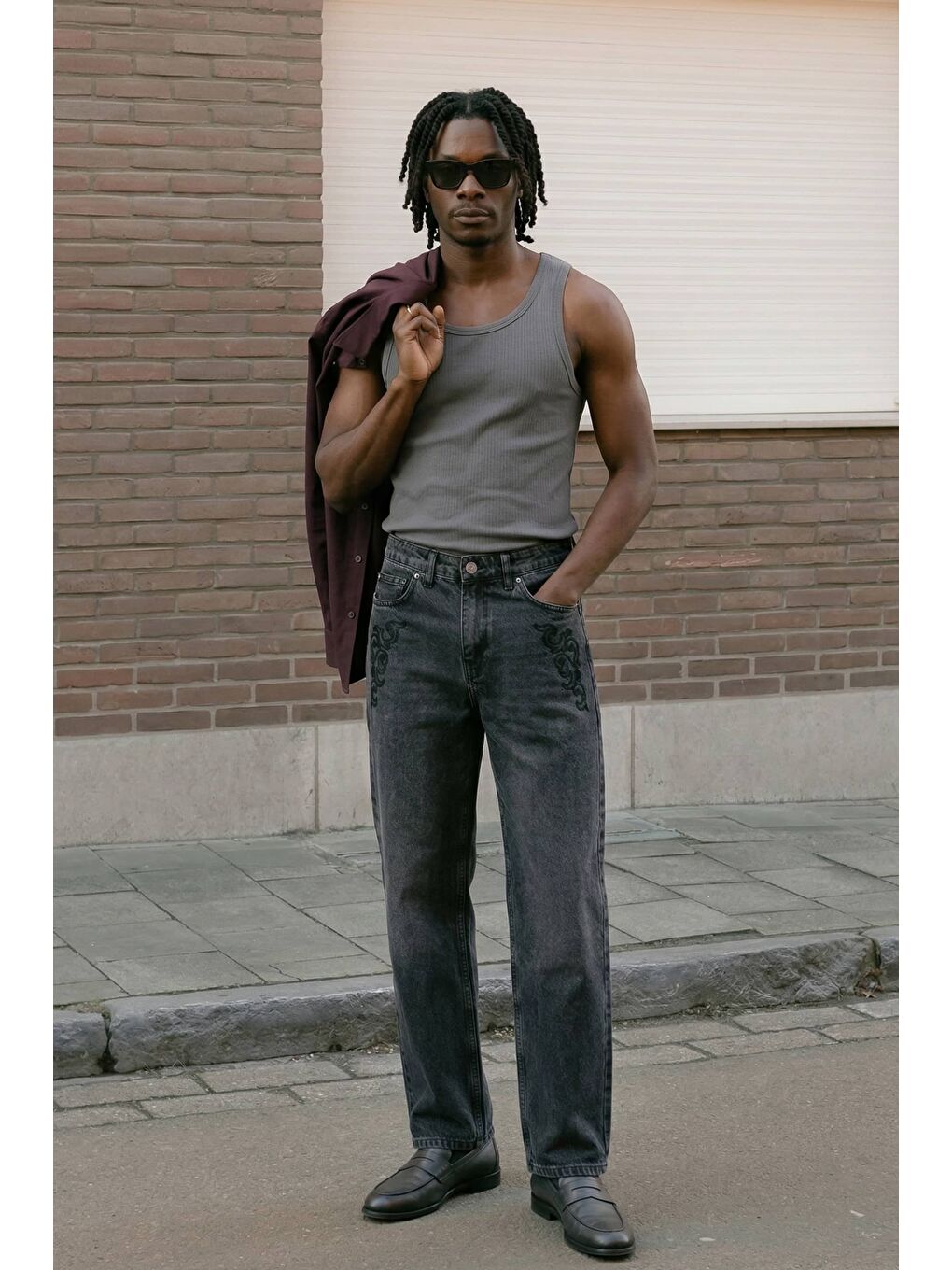 Erkek Baggy Nakış Detaylı Jean Pantolon Koyu Gri-3