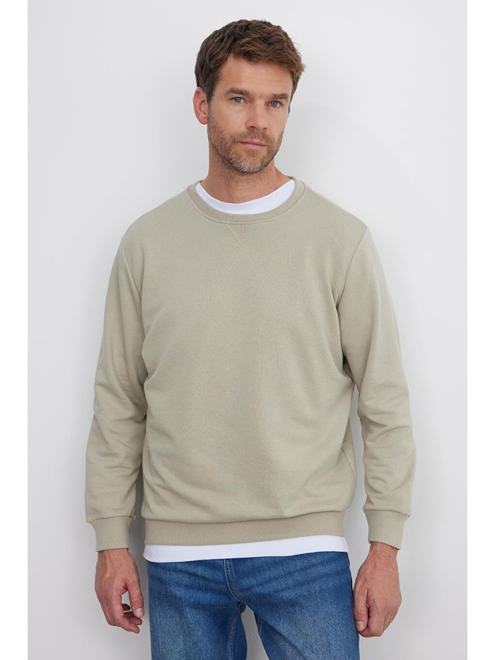 Bej Unisex Relax Fit Rahat Kesim %100 Pamuk Basic Taş Bisiklet Yaka Sweatshirt-4