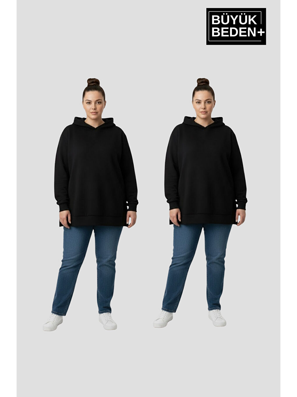 Siyah Kadın Büyük Beden 2 'li Set Kapüşonlu Tunik ince Sweatshırt SPR26BTK991+2