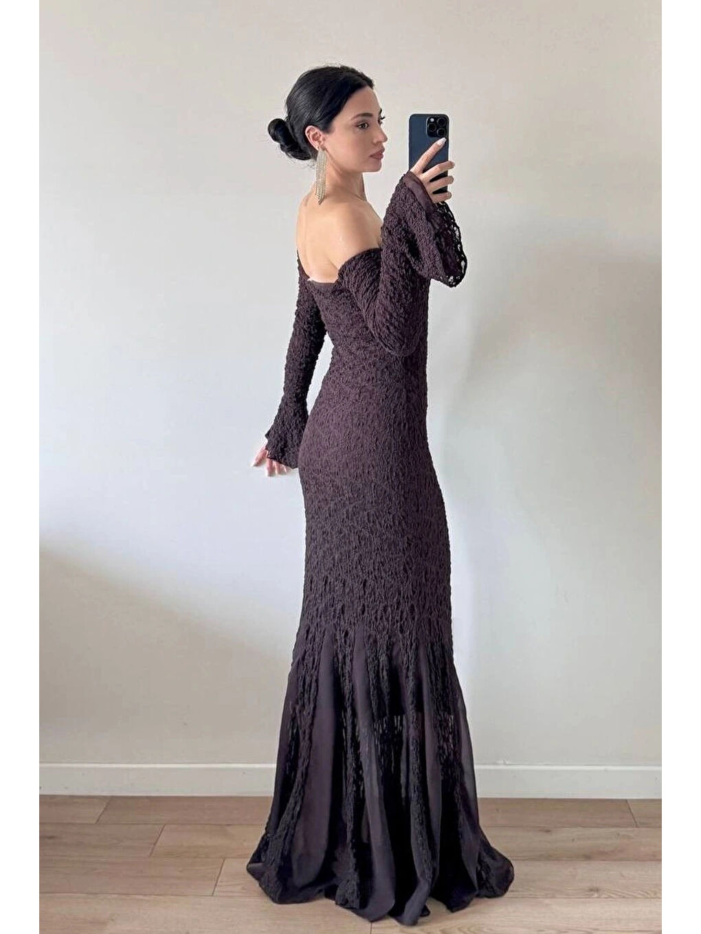 Kahverengi Kadın Kahve Etek Şifon Garni detaylı Dantel Elbise 1041-2738-1