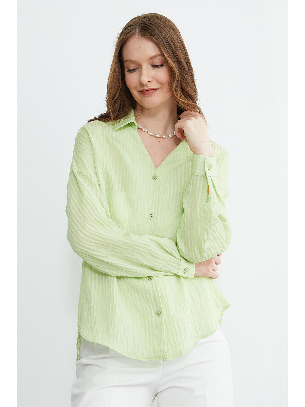 Yeşil Çizgili Jakarlı Salaş Gömlek-4