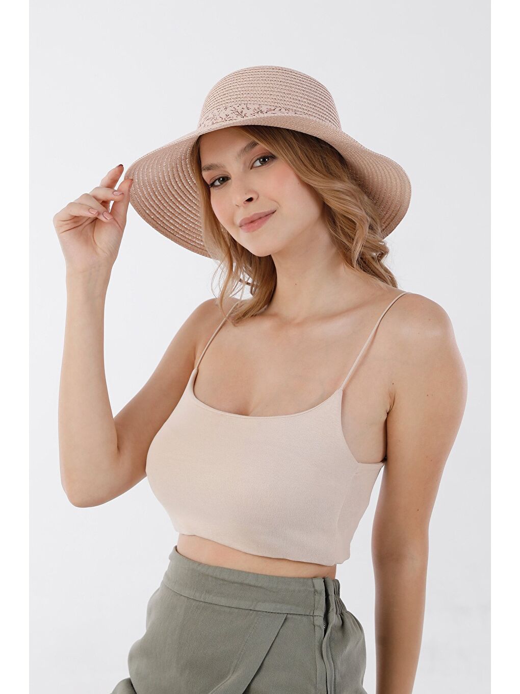 Pembe Kurdeleli Hasır Şapka-4