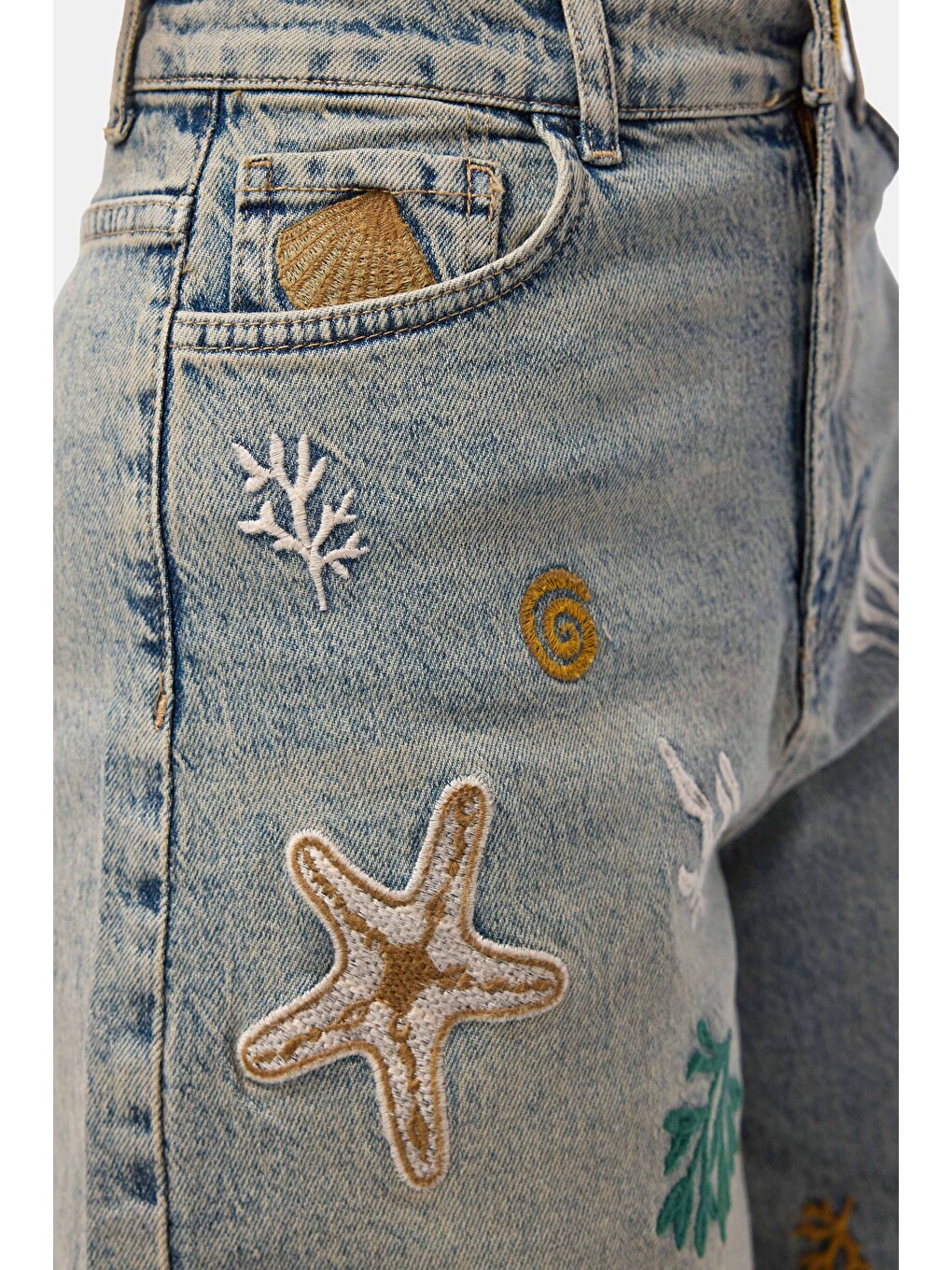 Mavi Kadın Jean Rengi 4s6-65 Nakışlı Özel Tasarım Bermuda Denim Şort-4