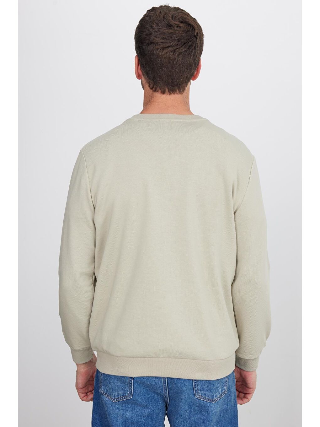 Bej Unisex Relax Fit Rahat Kesim %100 Pamuk Basic Taş Bisiklet Yaka Sweatshirt-6